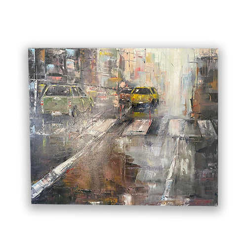 Pluie sur la city , 65/54 cm